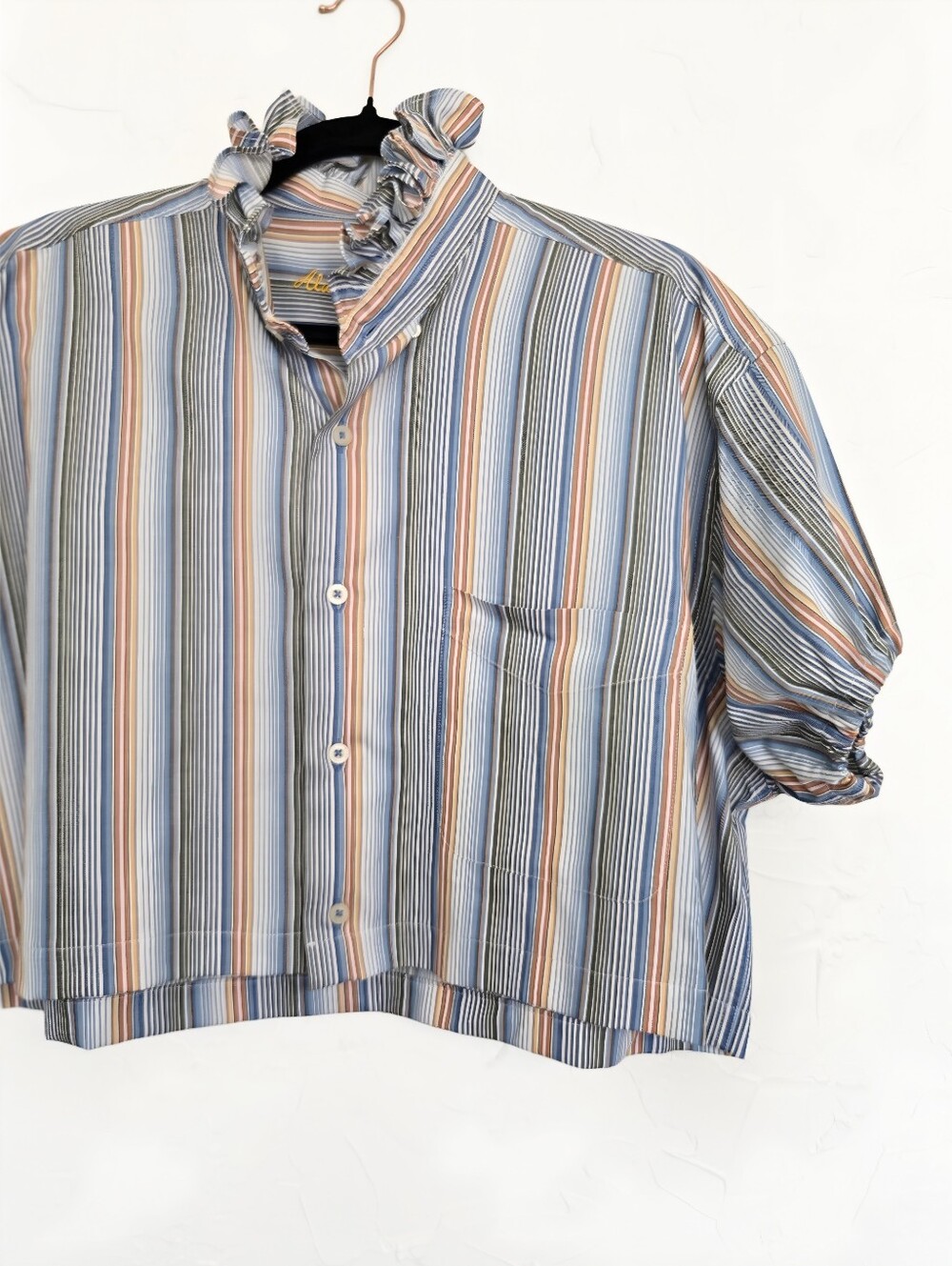 Alan Flusser Cotton Striped Blue Orange Button Up Ruffled Collar Crop Top, L